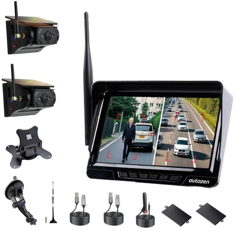autozen 1080P Daul Magnetisch Rückfahrkamera Kabellos Solar mit 7 Monitor, 170° Weitwinkelobjektiv sorgt, 9600mAh Akku, Rückfahrkamera Funk für Wohnwagen LKW Auto Wohnmobil