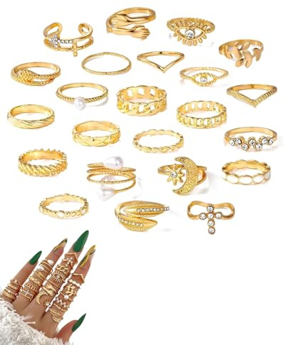 SCJJZ 23 pcs anillos de nudillos dorados vintage para mujer, anillo apilable, anillos mujer, anillos acero inoxidable mujer, anillos mujer oro,anillos ajustables para mujeres y niñas