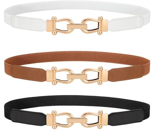 LEACOOLKEY Set da 3 cinture elastiche donna eleganti, cintura donna sottili con fibbia dorata, cintura elastica da donna in stile vintage per jeans e abiti, Nero+Marrone+Bianco