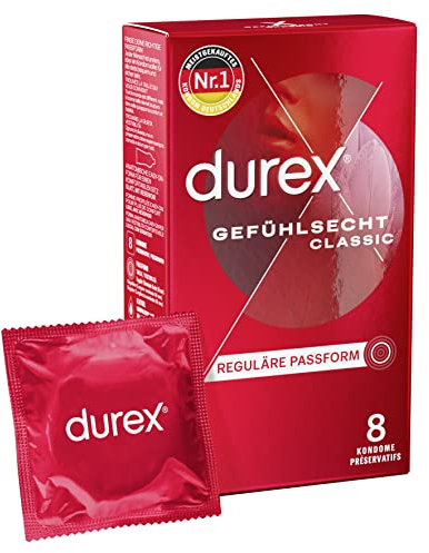 Durex Gefühlsecht Classic Kondome – Perfekter Sitz & leichtes Abrollen mit zuverlässigen Schutz – Hauchzarte, Dünn, befeuchtet, transparent Kondome mit angenehmer Geruch – 8 Stück