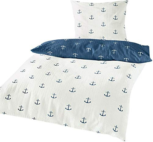 Traumschlaf Seersucker Wendebettwäsche • Sommer Bettwäsche aus 100 % Baumwolle • Maritimes Anker-Motiv Blau Weiß • Bügelfrei & Atmungsaktiv • Pflegeleicht 240x220 cm + 2X 80x80 cm