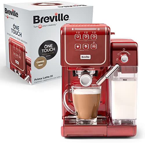 Breville Prima Latte III - Macchina per caffè espresso completamente automatica con montalatte e pompa italiana da 19 bar, compatibile con cuscinetti ESE | rosso [VCF147X]