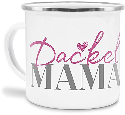 Emaille Tasse - Hunderassen Mama - Metalltasse für Hundefreunde - Persönliche Geschenkidee - Hundetasse für Hundemama Dackel Rand Silber - 300 ml