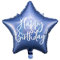 Happy Birthday Foil Balloon 40cm Navy Blue Star Shape FB93-074 with Silver Holographic Lettering for Classroom Parties, Original and Safe Visual Impact Inflatable Air and Helium