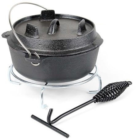 Wiltec Dutch Oven Marmite 3L en Fonte Dessous-plat Lève-couvercle Pied de support Fait-tout Pot Cocotte Feu de camp Camping Barbecue Grillade Friture Cuisson Extérieur