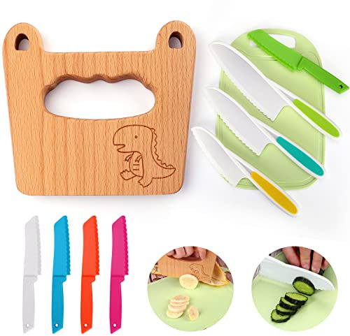 Kindermesser 10-teiliges Kinder-Küchenmesser-Set zum Schneiden und Kochen von Obst oder Gemüse für kleine Kinder, Holzmesser und Schneidebrett für Kinder Messer ab 2 jahre(Kleiner Dinosaurier)