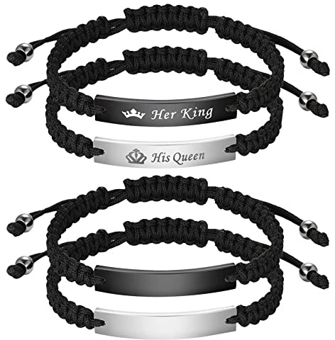 JewelryWe Schmuck 4pcs Pärchen Armband Lederarmband mit Her King His Queen Hochglanz Poliert Edelstahl Leder geflochten Partnerarmband Freundschaftsarmband Paar Armreifen Verstellbar Schwarz Silber