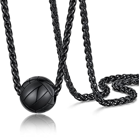 PROSTEEL Volleyball Charm Black Necklace for Men Stainless Steel Sport Ball Round Pendant Cool Chain Necklace