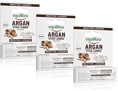 Equilibra Viso, Argan Stick Labbra, Balsamo Labbra ad Azione Protettiva per Labbra Morbide e Setose, con Olio di Argan Protettivo e Levigante, e Vitamina E Antiossidante, 3 Pezzi da 5,5 ml