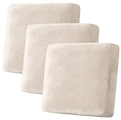 H.VERSAILTEX Velvet Stretch Couch Cushion Cover Plush Cushion Slipcover for Chair Loveseat Sofa Cushion Furniture Protector Seat Cushion Sofa Cover (3 Piece XL Sofa Cushion Covers, Ivory)