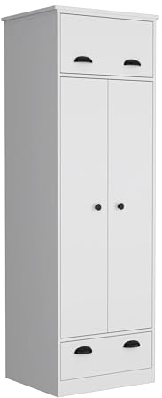 Tuhome Falkland Armoire with Double-Door Wardrobe Cabinet, Upper Hinged Drawer, Lower Pull-Out Drawer and Modern Handle Accents for Organized Clothing Storage, Bedroom Organization.