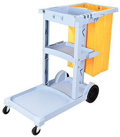 FLYIFE Movable Hand Trucks Janitor Cart Cleaning Trolley for Cleaning Company, Waterproof Plastic 3 Shelves Cleaning Linen Service Cart Mop Mount/Grey