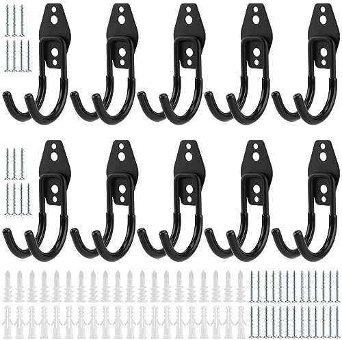 FUNSUEI 10 PCS Heavy Duty Double Garage Storage Hook, Black Garage Tool Storage Utility Hooks with Screw, for Garden Tools, Ladders, Bulky Items