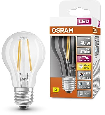 OSRAM SUPERSTAR+ CLASSIC A FIL 40 LED-Lampe, E27, Kolbenform, 3,4W, 470lm, 2700K, warmweißes Licht, stark reduzierter Blauanteil, geringere Augenbelastung, dimmbar, 6-Pack