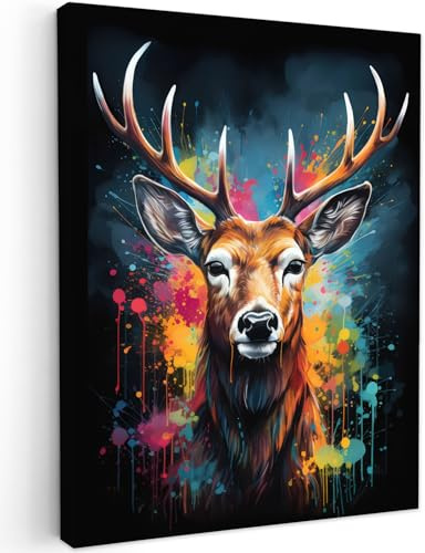 MuchoWow© Wandbilder Schlafzimmer Home Deko Wohnung Bild Wohnzimmer | 30x40 cm - Fotoleinwand Wand Bilder Leinwand Wall Decor Banksy - Street Pop Art - Hirsche - Graffiti - Tiere - Farben
