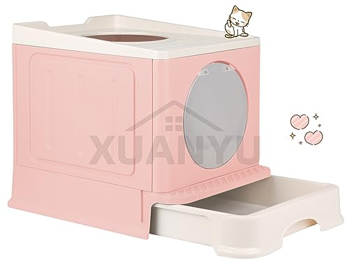 XUANYU Arenero para Gatos Grande con Pala y 2 Entrada Arenero Gato con Tapa Arenero Gatos Cubierto Cerrado Caja de Arena Plegable para Gatos, Carga de 7 kg/15 lbs (Rosa L-45×34×39 cm)