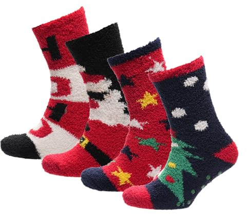 Thingimijigs 4 Pairs Men's Christmas Cosy Socks Fluffy Xmas Non-Slip Gripper Slipper Socks