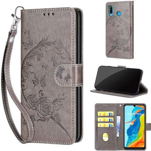 Handyhülle für Huawei P30 Lite Hülle, Grau | Stoßfeste Flip Schutzhülle, Kartenfächer, Standfunktion,Magnetisch, Kunstleder, Klappbar Brieftasche