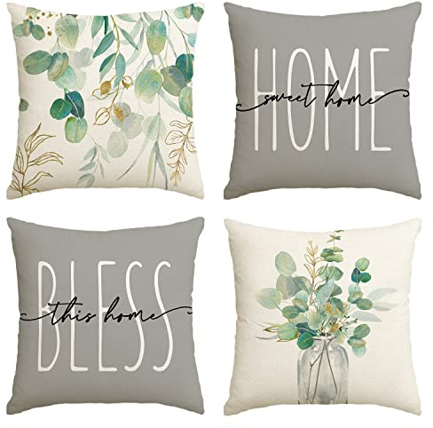 Artoid Mode Eukalyptus Blätter Sommer Kissenbezüge 4er Set, 50x50 cm Saisonnal Home Sweet Home Zierkissenbezug Cushion Cover Couch Wohnzimmer Deko