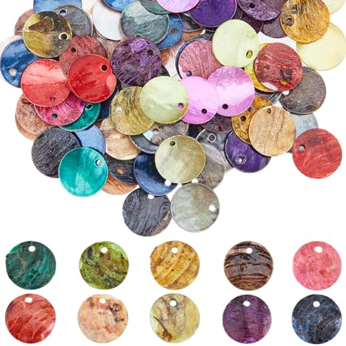 SUNNYCLUE Muschel-Anhänger in 10 Farben, 13 mm, Bunte Perlmutt-Perlen, Muschelperlen, natürliche, Flache runde Münzanhänger für Schmuckherstellung, Charms, DIY, Handwerk, Heimdekoration, 1 Box, 200