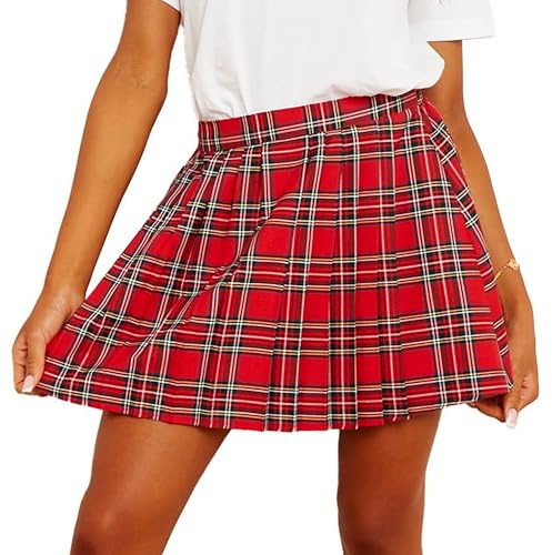 The Fancy Dress® Damen Schottenkaro-Rock, plissiert, vorne plissiert, Minirock, elastische Taille, Kellerfalten, kariert, Skaterröcke, Größen 36-42