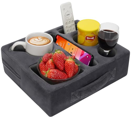 G GOOD GAIN Couch Cup Holder Pillow-Sofa Cup Holder Cozy Buddy | Bed Drink Caddy Holds Tablet, Remote, Snacks | Waterproof Anti-Spill Sofa Beverage Tray for Car, Park, Beach, Picnic, Boat, RV(Grey)