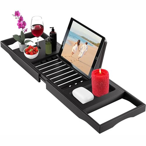 Tablett, Badewannenablage, Badewannen-Caddy Mit Erweiterbaren Griffen, Weinglas-Telefonhalter, Bücherständer Für Badezimmer, Luxus-Spa, Aus Holz (Schwarz)