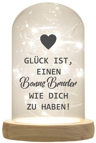 WB wohn trends LED-Glaskuppel, Glück ist einen Bonus-Bruder wie Dich zu haben, 16,5x11cm, Glasglocke mit LED-Licht und Holz-Fuß LED-Laterne LED-Lampe mit Text Spruch