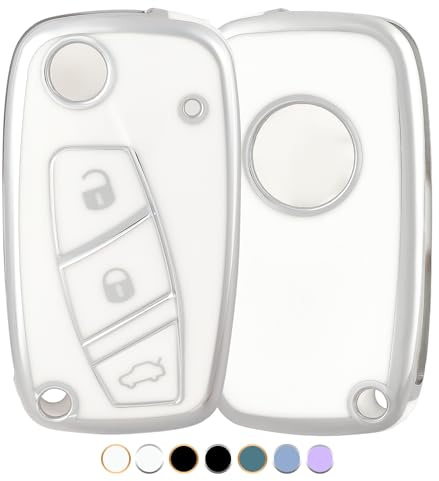 OFF WE GO Autoschlüssel Hülle Schlüsselhülle Cover für FIAT Bravo Doblo Ducate Panda Grande Punto Stilo Ulysse Fiorino Idea Qubo Schlüsselcover 3 Tasten Schlüssel Schutz Gehäuse, Weiß Silber