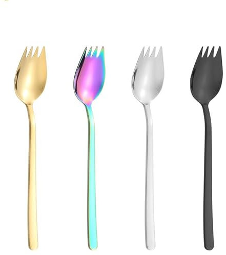 Stainless Steel Multifunction Spork for Camping Utensils, Spaghetti Salad Dessert Heavy Duty Flatware Set, Rainbow sporks Set of 4 (Mixed)