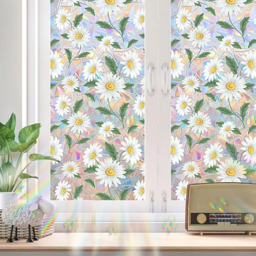 Milchglasfolie Daisy Grün Gelb Fensterfolie Schlafzimmer Fenster Sichtschutzfolie Milchglasfolie Selbstklebend Fenster Klebefolie Fenster Sichtschutz Folie für Fenster Fensterfolie Bad 50x100cm/3 Pcs