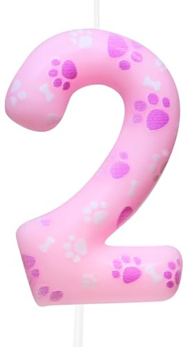 Cxryrzhe Vela de cumpleaños número 2 con diseño de pata de perro, decoración de pastel rosa para niños, niñas, suministros de decoración de fiesta