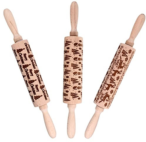 TOPBATHY 3pezzi Mattarelli Natalizi in Legno Rilievi Per Biscotti Decorativi Mattarello Professionale Per Pasta Pizza e Fondant Ecologico e Salvaspazio Per Cucina Festiva