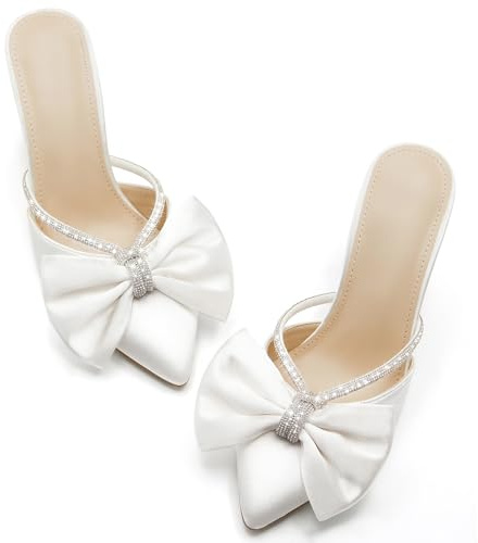 Coutgo Womens Bow Heels Mules Pointed Closed Toe Sandals Rhinestone Satin Backless Wedding Shoes, White, Size 9