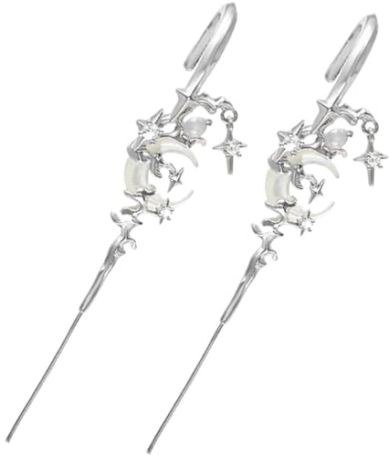 2PCS Moon and Star Ear Hook Needle Piercing Earrin, 3.2 Inch Metal Moon and Star Earrings, Fashion Rhinestone Crawler Ear Piercing Earrings, Reusable Hook Needle Earrings for Women Girls