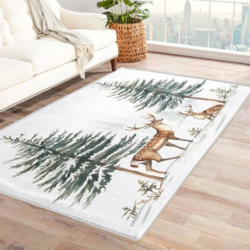 Teppich Kinderzimmer REH - Teppich Wohnzimmer Schlafzimmer Mädchen REH, Großer Teppich Babyzimmer Waldtiere, Weich Kurzflor & Waschbar & rutschfest Kinderteppich, Bettvorleger 160x230 cm