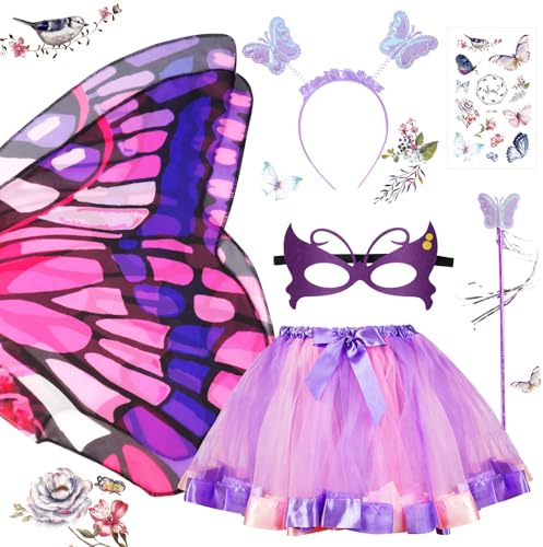 AUYAO Barn fjärilsvingar kostym set, fin utklädnad vingar cape, prinsessälva kostym set med tutu-kjol, flickor fjäril utklädnad för halloween, 6 st lila kjol, en storlek