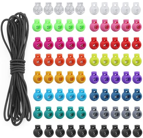 85 morsetti a cordoncino, chiusura rotonda colorata con 1 cordino elastico, installazione a un foro, morsetto a molla per vestiti, scarpe, tenda, campeggio (multicolore)
