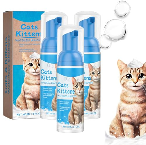 Wasserloses Schaum Shampoo für Katzen, Kein Spülschaum Trocken Shampoo für Katzen, Eliminiert Gerüche, Sanftes Anti-Jucken, Kein Spülschaum Bad für Langhaarkatzen (3PCS, 60ml)