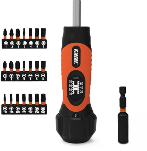 KNINE OUTDOORS Torque Screwdriver Wrench Driver Set 10-70 Inch Pounds lbs for Maintenance, 21 Hex Bits, Shaft Extension, For Tools, Bike Repairing and Mounting, Orange