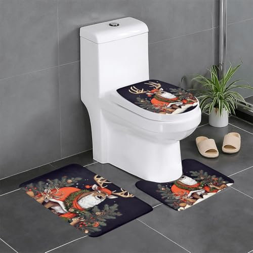 FLYIFE Badematten-Set mit weihnachtlichem Hirschmotiv, 3-teilig, Flanell, rutschfest, wasserabsorbierend, mit U-förmigem WC-Vorleger und WC-Deckelbezug