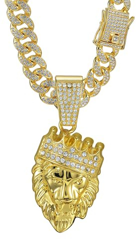 Yonghao Pavilion Crown Lion Hip Hop Necklace for Men Hip hop necklace for men Iced Out Lion King Crown Pendant Chain Necklace, Gold Plated Cuban Link, Chain length 23.62 inches (golden)