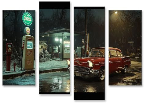 islandburner Bild auf Leinwand Nostalgische Tankstelle im winterlichen Schneefall für Wohnzimmer Nostalgie-Liebhaber Antiquitätengeschäft Bilder Wandbilder Poster