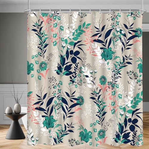 Lerores Duschvorhang 180x200 cm Blaue Grasblume Motiv, Beschwerter Saum Antischimmel,Wasserabweisend,Waschbar Polyester Badevorhänge mit 12 Ösen und Duschvorhangringe für Badezimmer, Badewanne