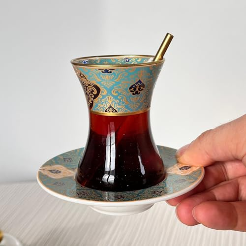 Handgefertigte türkische Teegläser mit Untertassen, altmodische Vintage-Teetassen, 6er-Set, arabisches Trinkgeschirr, persisches und marokkanisches Glas (goldgrün gefliest)