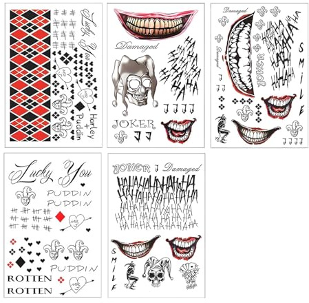 5 Large Sheets Temporäre Tattoo,Tattoos Joker,Blätter Halloween Tattoo Gesicht, Joker Gesicht Tattoos Aufkleber,CosPlay-Partys, Rollenspiele, Festivalpartys