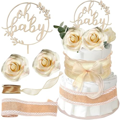 JAHEMU Oh Baby Nappy Cake Decoration Baby Shower Boho Nappy Cake Boys & Girls Cake Decoration Baby Shower Gender Reveal Party Gifts