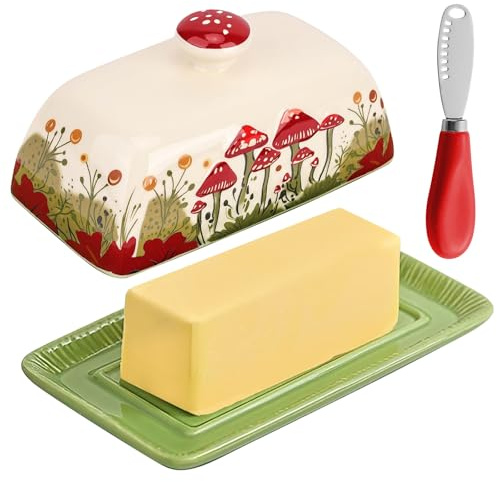 Ceramic Butter Dish with Lid, Creative Mushroom-Shaped Butter Dish with Knife, Covered Butter Dishes for Counter or Table