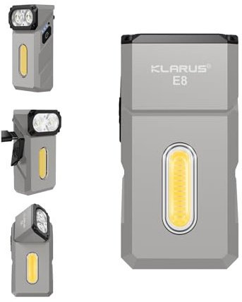 Linterna recargable Klarus E8 EDC, sistema de tres luces de 1000 lúmenes, cabezal giratorio de 180°, diseño compacto totalmente metálico con imán y clip de bolsillo, linterna de trabajo impermeable