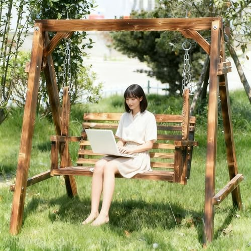 MDDKOP Hollywoodschaukel aus Holz Lärche Gartenschaukel Set Holzgestell mit 2-sitzer Holzbank Für Innen und Außen 140 x 120 x 152 cm